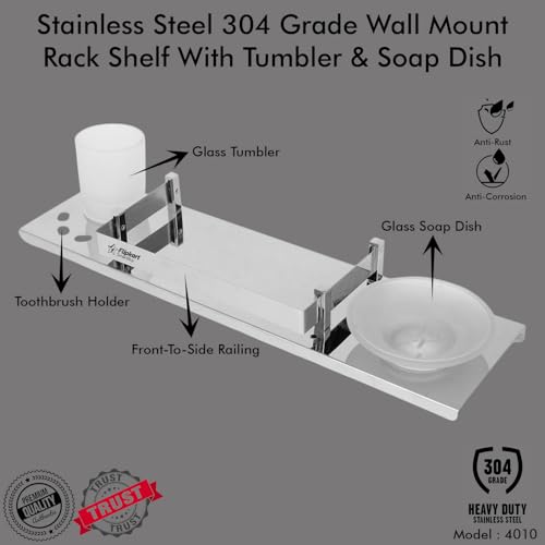 Image of 4010 Stainless Steel 304 Grade Wall Mount Shelf with Glass Tumbler and Soap Dish