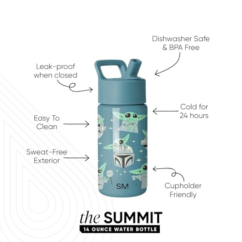 Image of Simple Modern Star Wars Kids Water Bottle with Straw Lid | 14oz Insulated Stainless Steel Kids Tumbler & Spill Proof Toddler Cup for School, Girls, Boys | Summit | Grogu Doodle