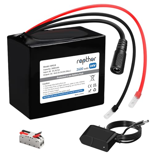 rapthor 24V 2.6Ah Rechargeable Lithium Battery Pack with Charger, Cable Connector for Power Wheels, Kids Ride On Cars Toys, LED Strips, Small UPS, DIY Projects