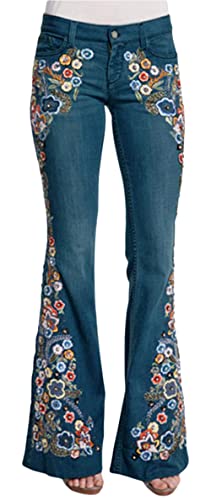 CHARTOU Women's Mid Rise Floral Embroidered Flare Jeans Bell Bottom Denim Pants