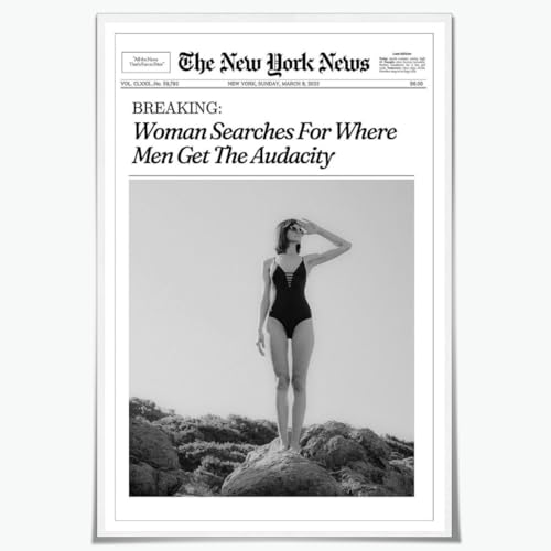 Trendy Retro Newspaper Wall Art Feminist Woman Searches for Where Men Get The Audacity Canvas Print Aesthetic Poster for Girly Living Room Dorm Bedroom Bathroom Wall Decor 8x12inch Unframed