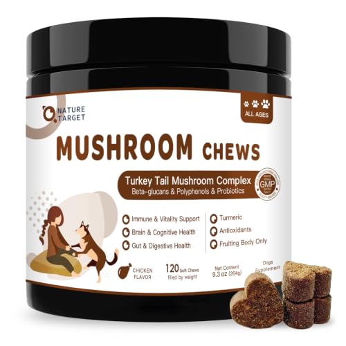 NATURE TARGET Turkey Tail Mushroom for Dogs, 11 in 1 Immune Chews, 120 Ct | Fruiting-body Only, 11 Mushroom Blend, Reishi, Lion's Mane, Probiotics, Gut & Joint & Overall Wellness, Chicken Flavor