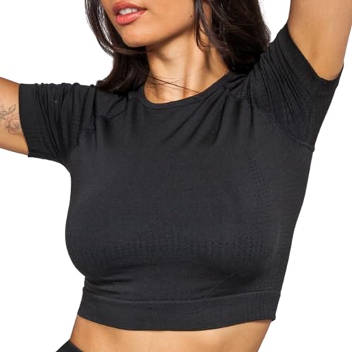 Re Tech UK - Gym Crop Tops Women, Short Sleeve, Seamless, Compression, Workout Tops for Women UK, Women's Gym Tops, Yoga, Activewear, Running (Seamless Crop Top, Black, L)