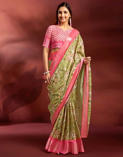 Image of SIRIL Women's Dola Silk Printed Jacquard Border Ready To Wear Saree with Unstitched Blouse Piece