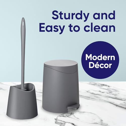Image of Superio Bathroom Trash Can with Toilet Brush Set Grey Modern 6 Liter Small Waste Basket Plastic Step On Garbage Can and Toilet Bowl Cleaner Bathroom Accessories Set, Grey