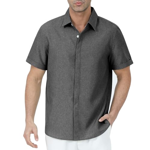 Gavliuu Herren Leinenhemd Kurzarm mit versteckte Knopfleiste Leichtes Sommerhemd für Strand Freizeit Shirt