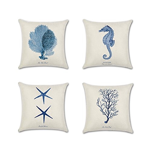 Baby Plum Ocean Park Cotton Linen Theme Decorative Pillow Cover 18" X 18" Square Shape Ocean Beach Sea Print Starfish Seahorse Voyage Pillowcases for Home Decoration, 4 Pack (Blue)