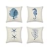 Baby Plum Ocean Park Cotton Linen Theme Decorative Pillow Cover 18" X 18" Square Shape Ocean Beach Sea Print Starfish Seahorse Voyage Pillowcases for Home Decoration, 4 Pack (Blue) 41DboqT0fCL. SS100