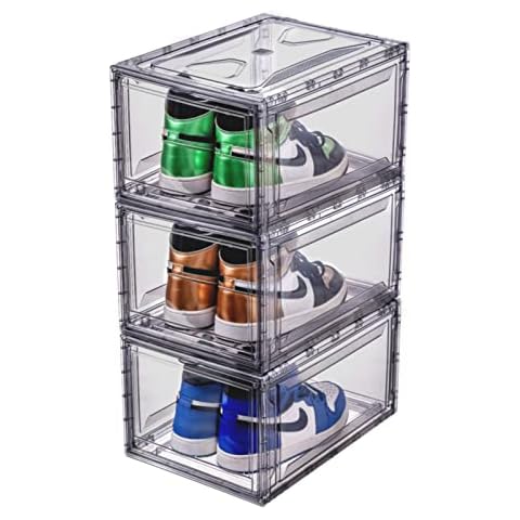 3 Pack Shoe Storage Box Clear Plastic Shoe Boxes Stackable Shoe Organizer for Men and Women (grey) Cover