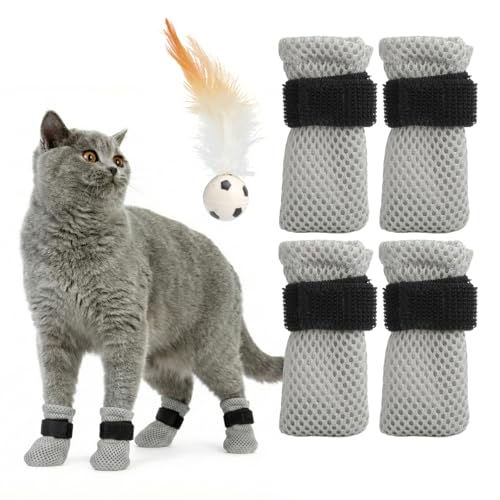 4 scarpe regolabili per gatti in tessuto a rete, anti-graffio, traspiranti, protezione contro le zampe del gatto, per il bagno, per il taglio di unghie, per il bagno (grigio M)