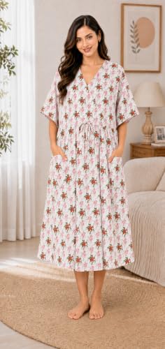 Image of Noty Women's- Kaftan | Maxi | Maternity | Feeding | Delivery Gown- Cotton Fabric- V Neck | Floral Print | 2 Pockets | Midi