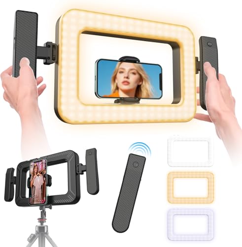 Handheld Smartphone LED Ring Light Video Rig with 20m Bluetooth Remote Handle Ergonomic Stabilizer 2900K-7000K Adjustable Fast-Charge 1/4 Mount for Selfies Makeup Live Streaming Vlogging