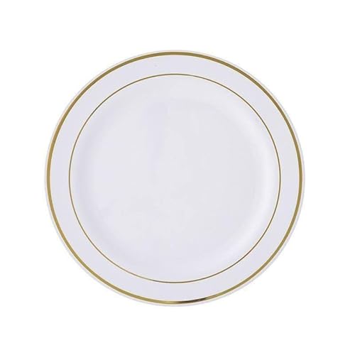 Elegantes platos de almuerzo y cena de plástico duro | Platos de plástico reutilizables ideales para fiestas, cenas, bodas y eventos - Juego de 25 (borde dorado, 10,25 pulgadas 26 CM Cover