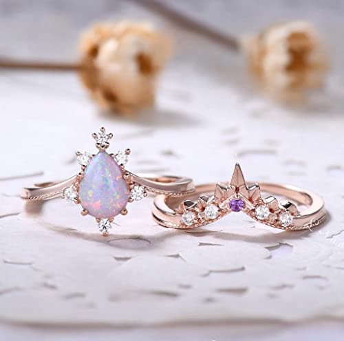 Unique Pear Opal Engagement Ring Set Vintage Teardrop Fire Opal Wedding Bridal Set Dainty Women Ring Art Deco Promise Ring Sterling Silver4