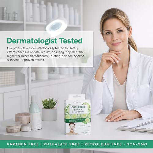 Image of Skin 2.0 Cucumber & Aloe Face Mask - Dermatologist Tested, Anti Aging, Korean Skin Care - Hydrating, Moisturizing, Cooling & Calming For Sensitive, Supple Skin - Vegan, Clean Beauty - 5 Count