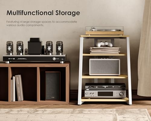 Image of FITUEYES 4-Tier AV Media Stand Corner Shelf Stand Wooden Corner Shelves Component Cabinet Stereo Rack Audio Tower with Height Adjustable Wooden Shelves for ps4 (White Oak)