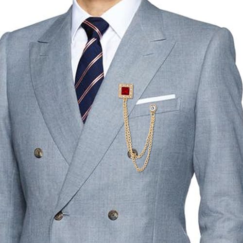 Image of Gold /Silver Crystal Geometry Brooch Lapel Pin for Men Rhinestone With Hanging Chain Brooch for Men Suit Fashion Tuxedo Tie Hat Scarf Collar Pins for Men Women Gifts