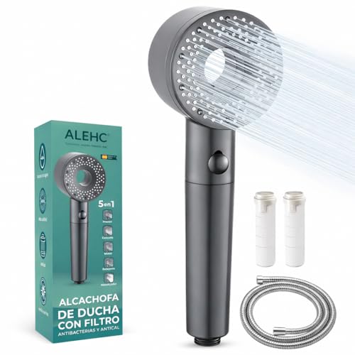 ALEHC® Alcachofa de Ducha con Filtro Antibacterias y Antical + Manguera 1,5 m + 2 Filtros de Recambio – 5 Modos   ABS   sin BPA   Ducha Filtrante que Purifica el Agua con Efecto Alta Presión
