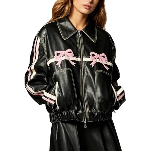 DASONLUE Chaqueta de cuero con lazo para mujer, abrigo retro de piel sintética con cremallera, estampado de lazo, chaqueta de piel sintética, chaqueta de motorista, ropa exterior, chaqueta de