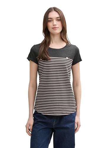 TOM TAILOR Denim Señoras Camiseta de rayas con estampado de corazón 1012686, 19022 - Dark Grey Rose Stripe, M