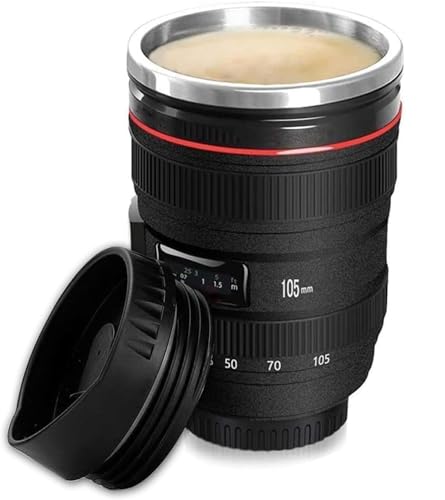 Taza de Café Divertida en Forma de Lente de Cámara de 350 ml con Tapa | Taza de Viaje Aislada para Bebidas Calientes y Frías | Regalo Ideal para Fotógrafos, Amigos y Familiares | Negro