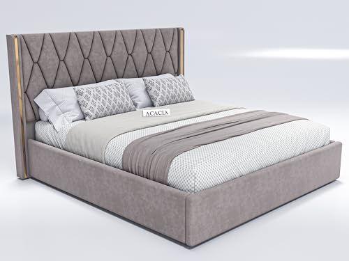 Image of Acacia Modern King Size Upholstered Bed with Box Storage for Bedroom | Wooden Double Bed with Storage | Platform Cot Bed with Upholstery Premium Fabric | 6.5 x 6 Ft | Sheesham Solid Wood | Brown Dust