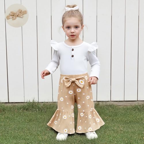 Infant Baby Girl Fall Outfit Ruffle Long Sleeve Bodysuit with Daisy Flare Pants and Headband Clothing Set2