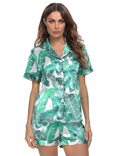 Image of SWOMOG Womens Silk Satin Pajamas Set Short Sleeve Sleepwear Button Down Top and Shorts Loungewear 2 Piece Pjs Set XS-3XL