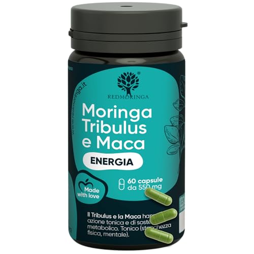 Tribulus Terrestris 90% Saponine Steroidee Maca Fieno Greco | Integratore Energia Booster Moringa BIO | Sostegno Massa Muscolare | Tribulus Alto Dosaggio | 100% Naturale | RedMoringa® (60 Capsule)
