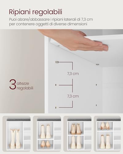 VASAGLE CUSTOS Collezione - Panca Scarpiera, Scarpiera con Seduta, Scarpiera Ingresso con Cuscino e 10 Scomparti, Ripiani Regolabili, Corridoio Soggiorno, 30 x 104 x 48 cm, Bianco e Grigio LHS010W01 - Immagine 5