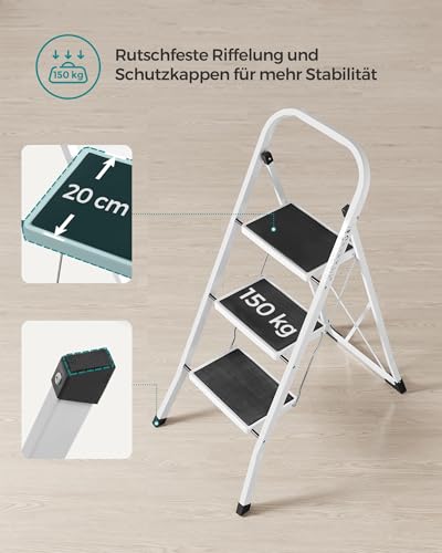 SONGMICS Trittleiter, Leiter mit 3 Stufen, Klapptritt, Klappsicherung, einfach zu verstauen, bis 150 kg belastbar, basisweiß GSL03WT