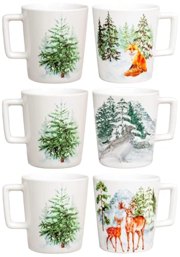 HOME Forest Set 6 Mug in New Bone China, cc350, Tazze Colazione, Decoro Invernale, 7135100
