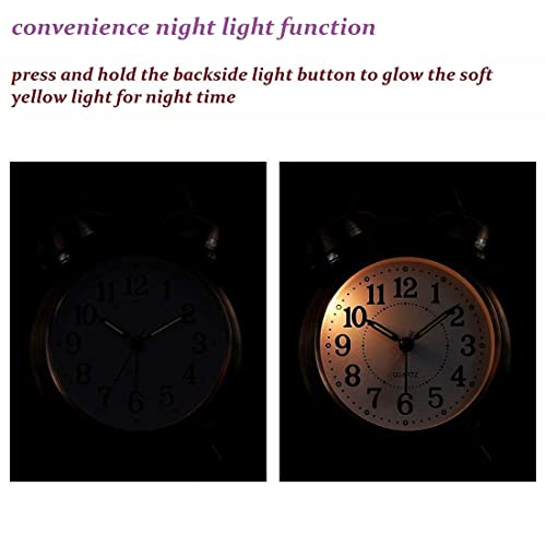 Image of Vintage Classic Twin Bell Table Top Alarm Clock, Silver, with LED Night Light Display, for Bedroom, Adults, Kids and Students