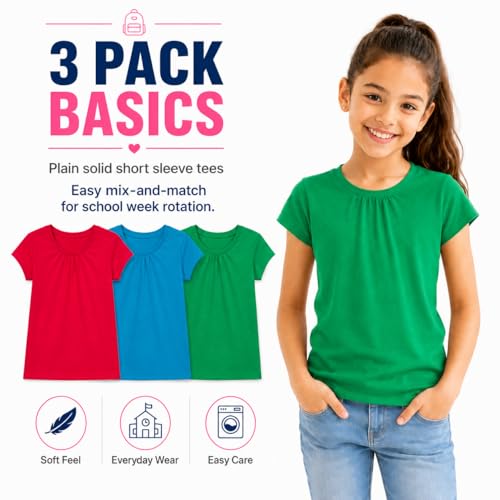 Image of Bienzoe Plain Solid Girls T-Shirts: School Basic Tee 3-Pack | Short Sleeve, Ages 4-13, PE, Recess, Outdoor Play, Soft Cotton Blend, Breathable Quick-Dry, Easy Care, Easy to Mix and Match