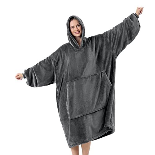 Festicorp Oversized Cozy Blanket Hoodie For Men And Women - Ultra Soft And Warm Wearable Sweatshirt Blanket, Extra Long Flannel Blanket Sweater With Giant Sleeves, Hood And Pocket For Gifts, Dark Gray #TOP20