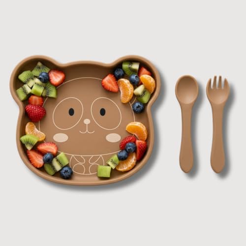 Image of TIGGY & BONNET Bear 2 Pcs Silicone Baby Feeding Set with Suction Plate & Spoon for Baby BPA-Free | Microwave Safe, Anti-Slip Base | Tableware Kit for Babies & Toddlers