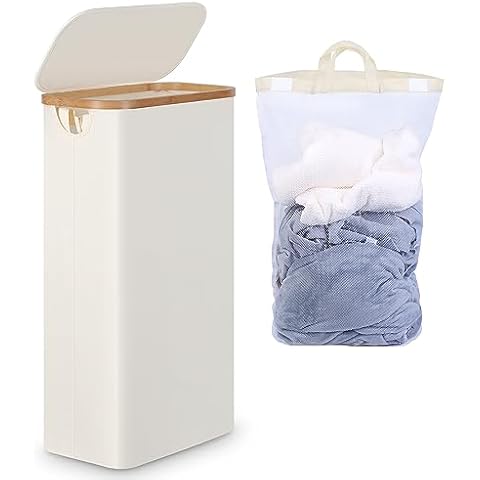 efluky Slim Laundry Hamper with Lid, Narrow Laundry Hamper with Removable Bags, Collapsible Dirty Clothes Basket with Handles for Bathroom, Bedroom & Laundry Room, 63L Beige Cover