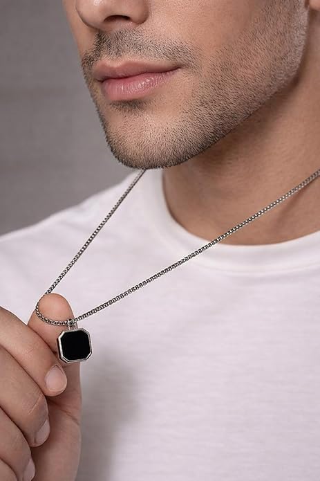 Image of Men's Jewellery Black Chain For Men Boys Geometric Stainless Steel Black Locket Pendant with 3D Chain combo pack of 2pcs gifts