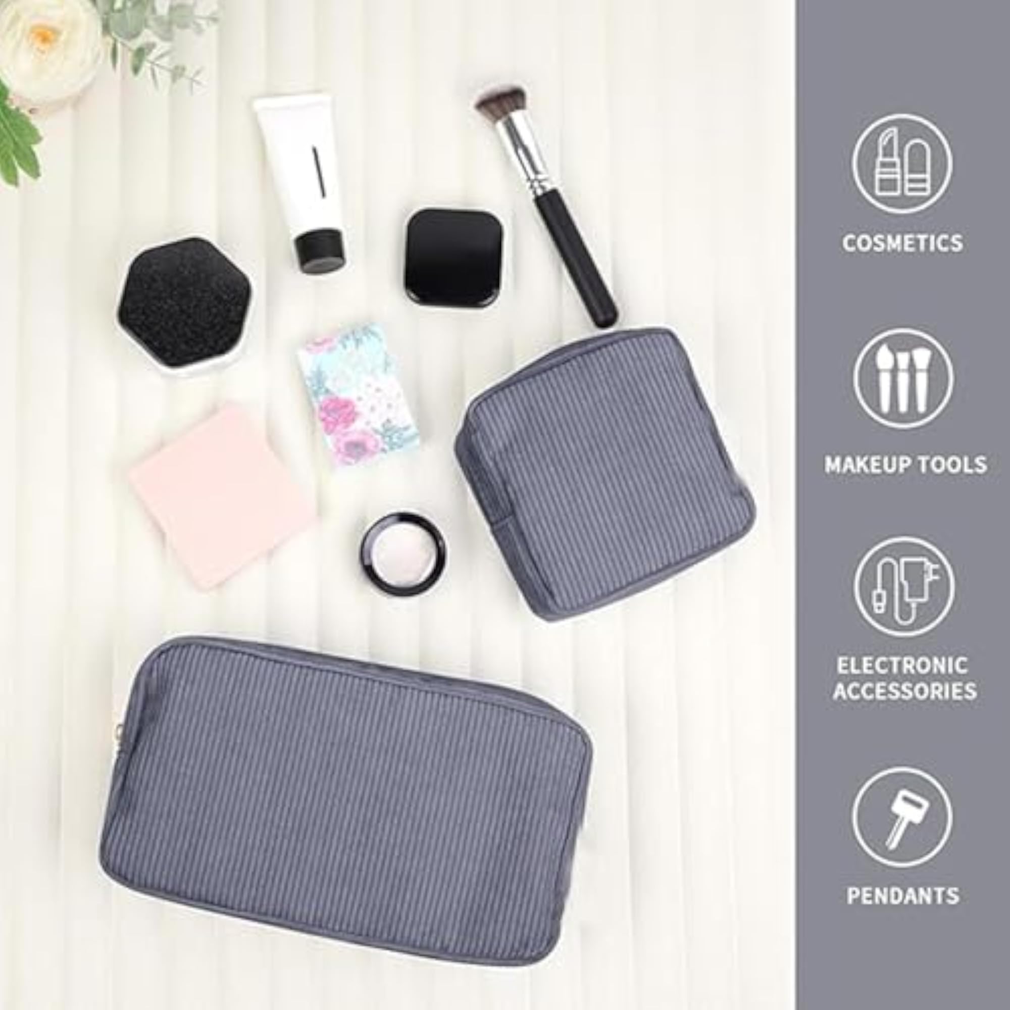 2x Travel Makeup Bag Cute Portable Cosmetic Bag, Gray Blue
