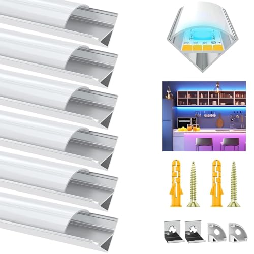 VEANANO LED Profile Diffuser for Led Strip Light Trunking 6Pack 3.3FT/1M White V-Shape Aluminum Channel with Milky White Cover, End Caps and Mounting Clips Easy Installation