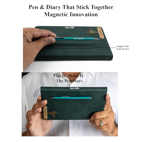 Image of AICA Personalized Name & Charm Magnetic Stick Leather (Dark Green) Diary A5 Size 180 Pages & Roller Pen | Customized Corporate Gift for Men Women | Diwali Gifts for Family and Friends | Diwali Gift