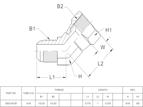 Image of (2-PACK) 6502-05-05 Hydraulic Hose Adapter Fitting 5 /16 inch Male JIC 37Flare (1 /2 inch-20UNF)x 5 /16 inch Female JIC 37 Swivel (1 /2 inch-20UNF) 45Elbow Pipe Joints Tube Connector Carbon Steel