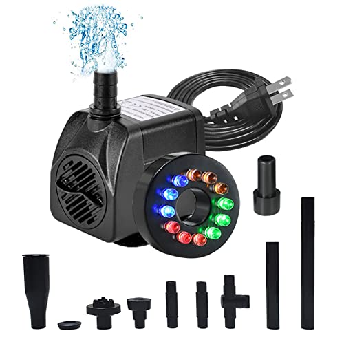 15W 1000L/H Submersible Fountain Water Pump with 12 Colorful LED Lights, Mushroom and Blossom Spray Head for Aquarium Fish Tank, Pond ,Outdoor Fountain, Water Feature, Statuary Gardens 