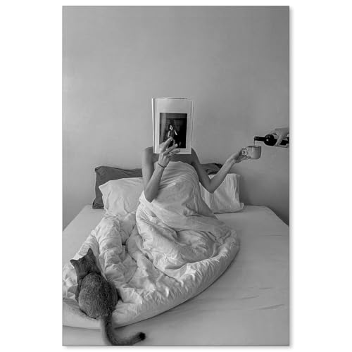 CITXJUM Vintage Funky Black and White Photography Poster Feminist Wall Art Woman Drinking Wine in Bed Canvas Prints Reading Picture for Home Bar Wall Decor 16x24inch Unframed