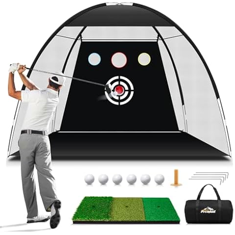 Golf Net, 10x7ft Golf Nets for Backyard Driving Real Golf Balls, Golf Practice Training Aids Net for Indoor & Outdoor, Golf Hitting Net with Targets XL Tri-Turf Golf Mat/Balls/Tee/Bag (Black) Cover