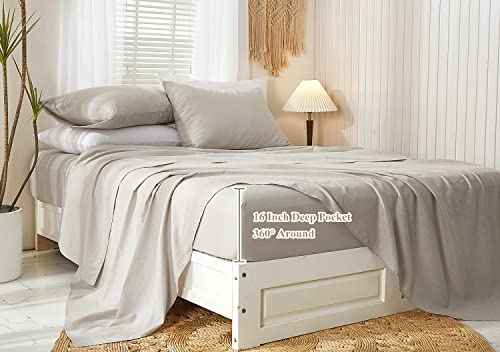 Ivellow 100% Pure Linen Sheets Set Queen Washed French Linen Bed Sheets 16”Deep Pocket 4 Pcs Soft Breathable Durable Farmhouse Natural Flax Linen Bedding Set-1 Flat Sheet-1 Fitted Sheet-2 Pillowcase #TOP3