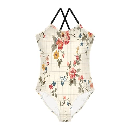 Floral Checked Girls One-Piece Swimsuit Quick Dry Beach Swim Bathing Suit