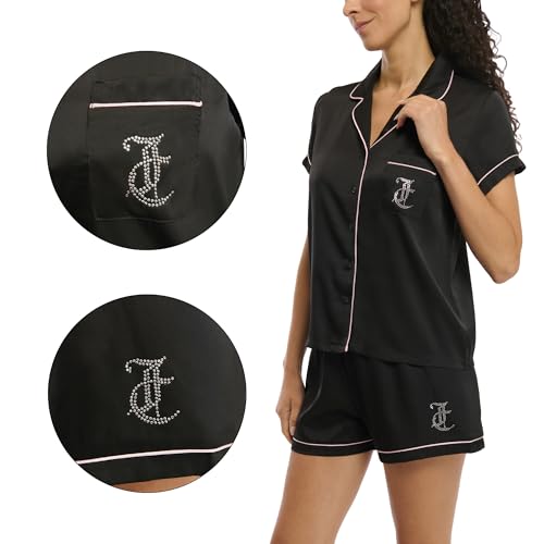 Juicy Couture Women's 2 Piece Satin Notch Collar Button Down Shirt and Pajama Shorts Lounge and Sleepwear Set4