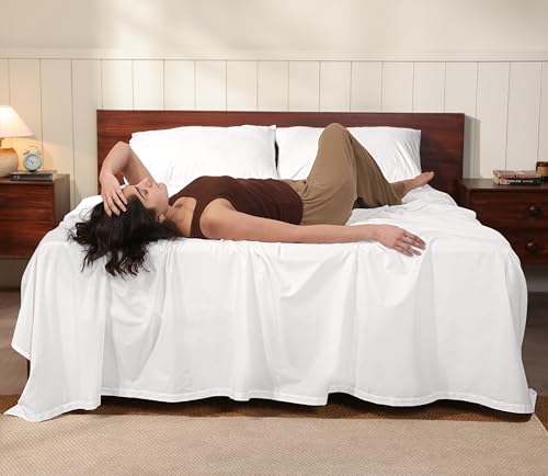 Image of RUVANTI 100% Cotton Percale Sheets King - Crisp Cooling Summer Bed Sheets for Hot Sleepers, Deep Pocket 14 inch, Soft Peach Finish, Breathable & Durable Hotel-Style 4 Piece Set, Ivory