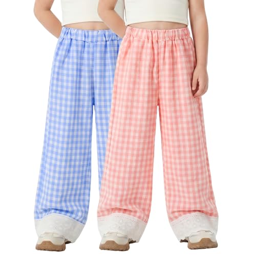 Image of Miipat Toddler Girls Wide Leg Pants Elastic Waist 2 Pack Gingham Pants Girls Loose Checkered Plaid Lace Bottoms